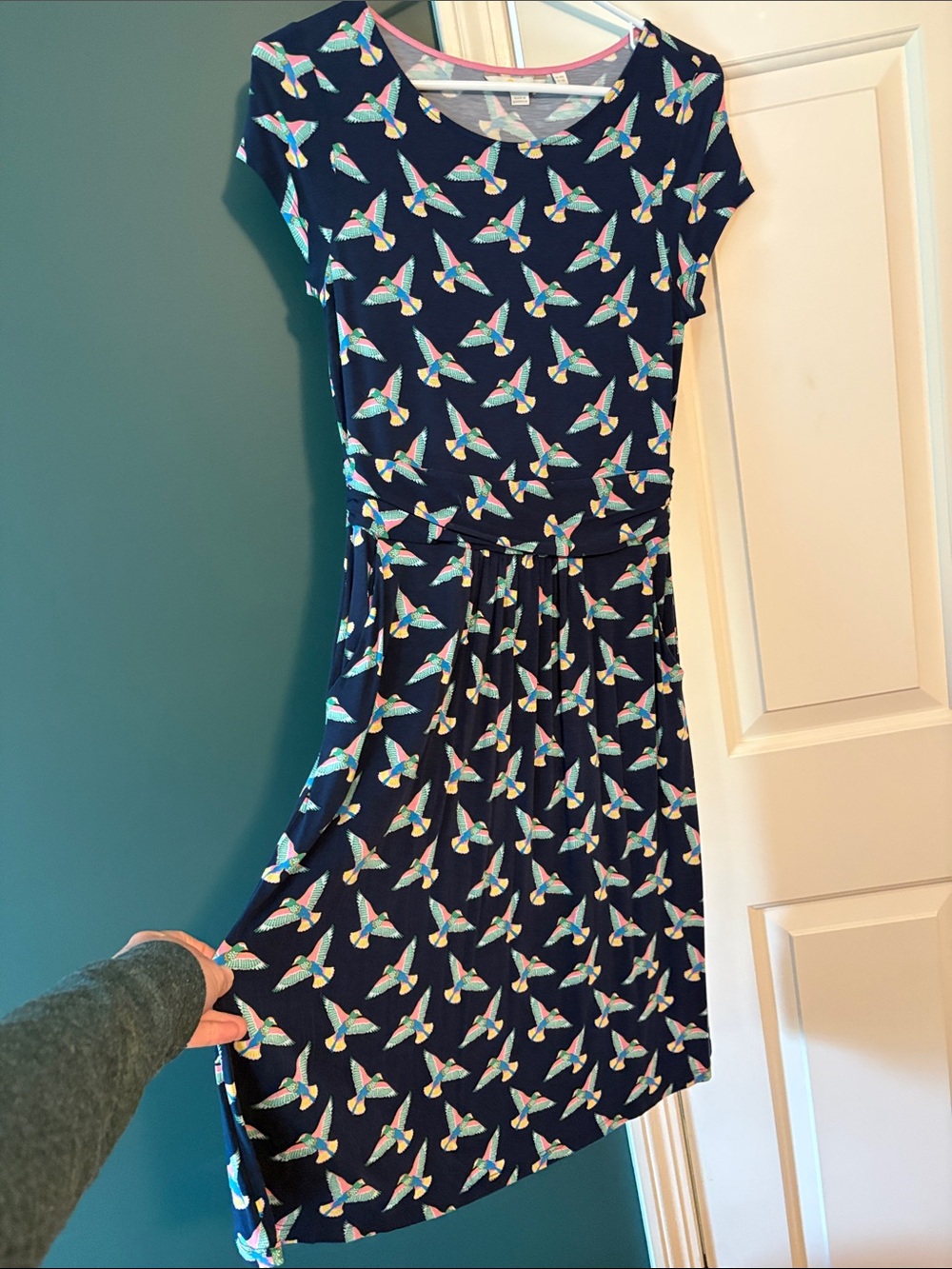 Boden Navy Dress with Pink & Green Bird Print